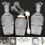 Gorgeous Antique French Sterling Silver Castor or Cruet Set, Oil & Vinegar Decanters, Mustard Pot & Stand