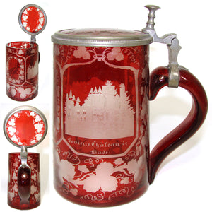 Antique Bohemian Ruby to Clear Etched Glass 16oz Beer Stein, 2 Architectural Spa Engravings