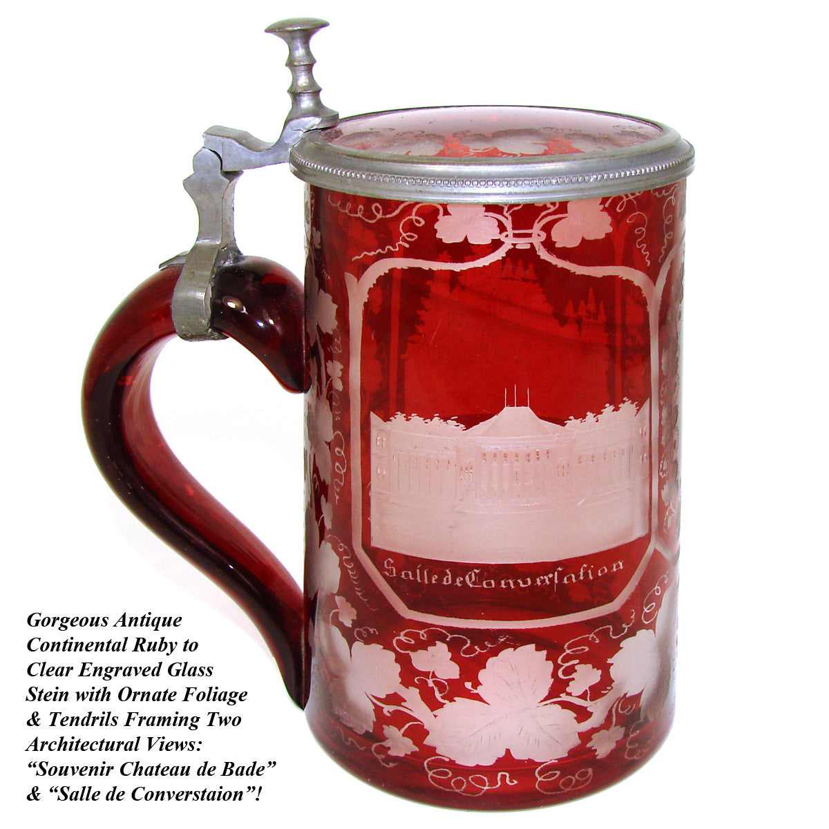 Antique Bohemian Ruby to Clear Etched Glass 16oz Beer Stein, 2 Architectural Spa Engravings