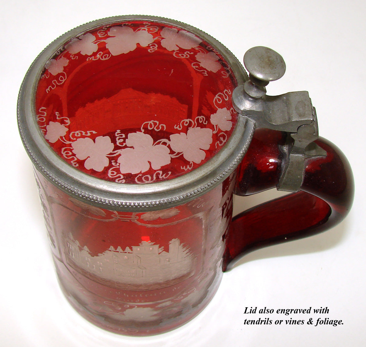 Antique Bohemian Ruby to Clear Etched Glass 16oz Beer Stein, 2 Architectural Spa Engravings