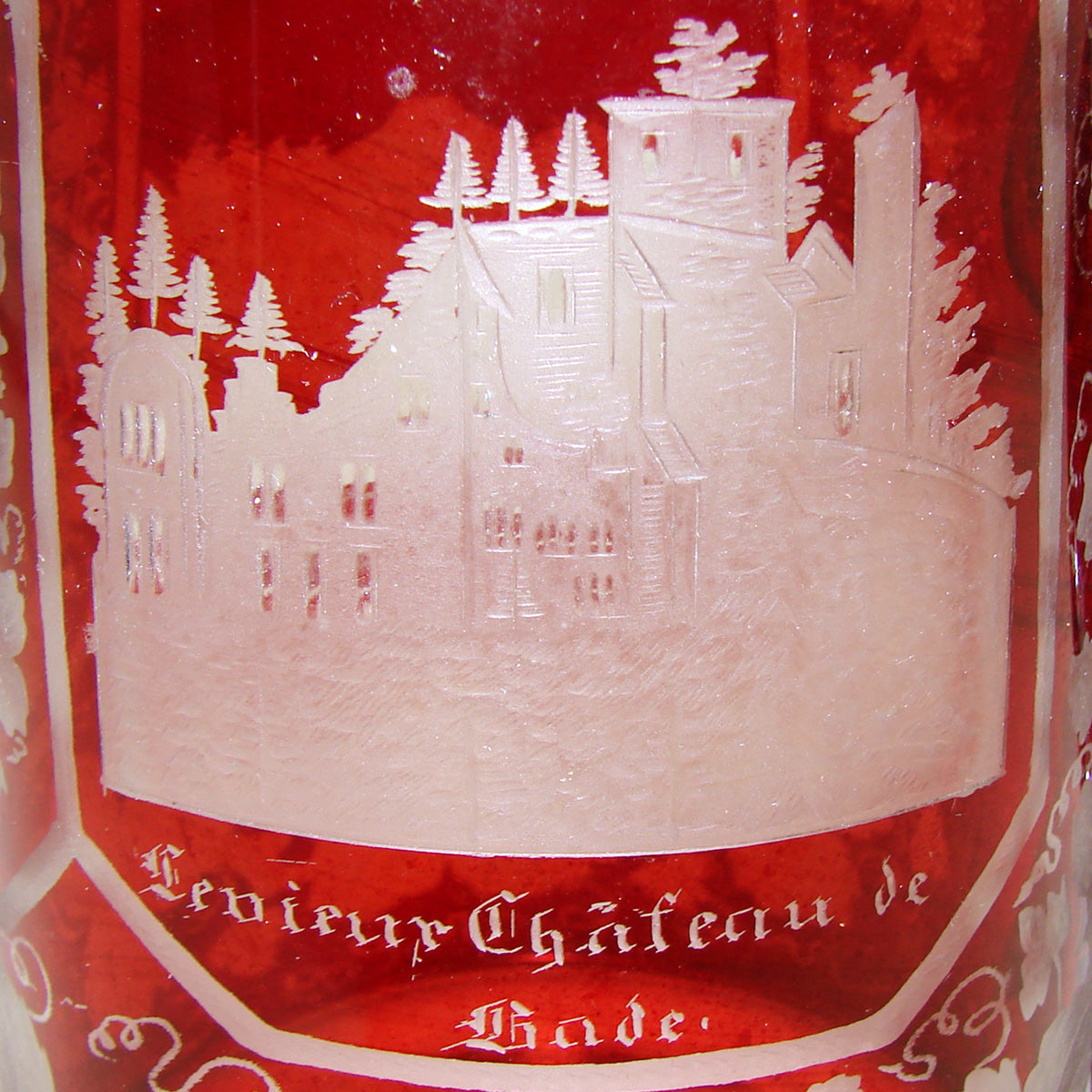 Antique Bohemian Ruby to Clear Etched Glass 16oz Beer Stein, 2 Architectural Spa Engravings