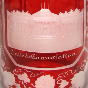 Antique Bohemian Ruby to Clear Etched Glass 16oz Beer Stein, 2 Architectural Spa Engravings