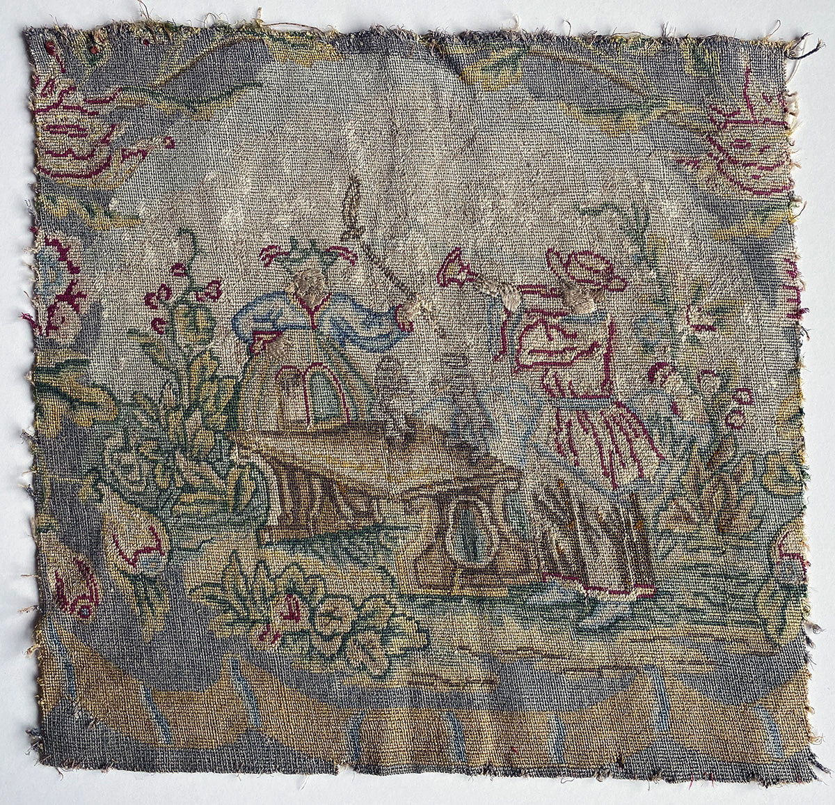 Pair Antique Silk Embroidery Tapestry Panels, Ready for Making Pillows - Late 1700s to Early 1800s