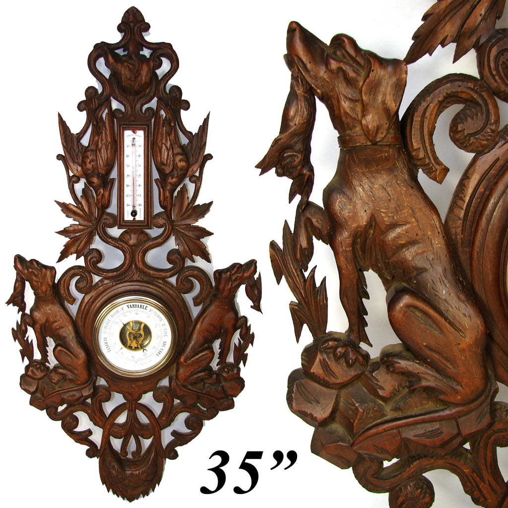 LG Antique Black Forest Oak 35.75" Fruits of the Hunt Wall Barometer: Two Dog, Hound, Hare & Birds