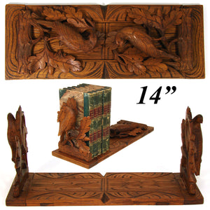 Antique Black Forest Carved Telescoping Book Rack, Birds, Acorns & Oak Leaves