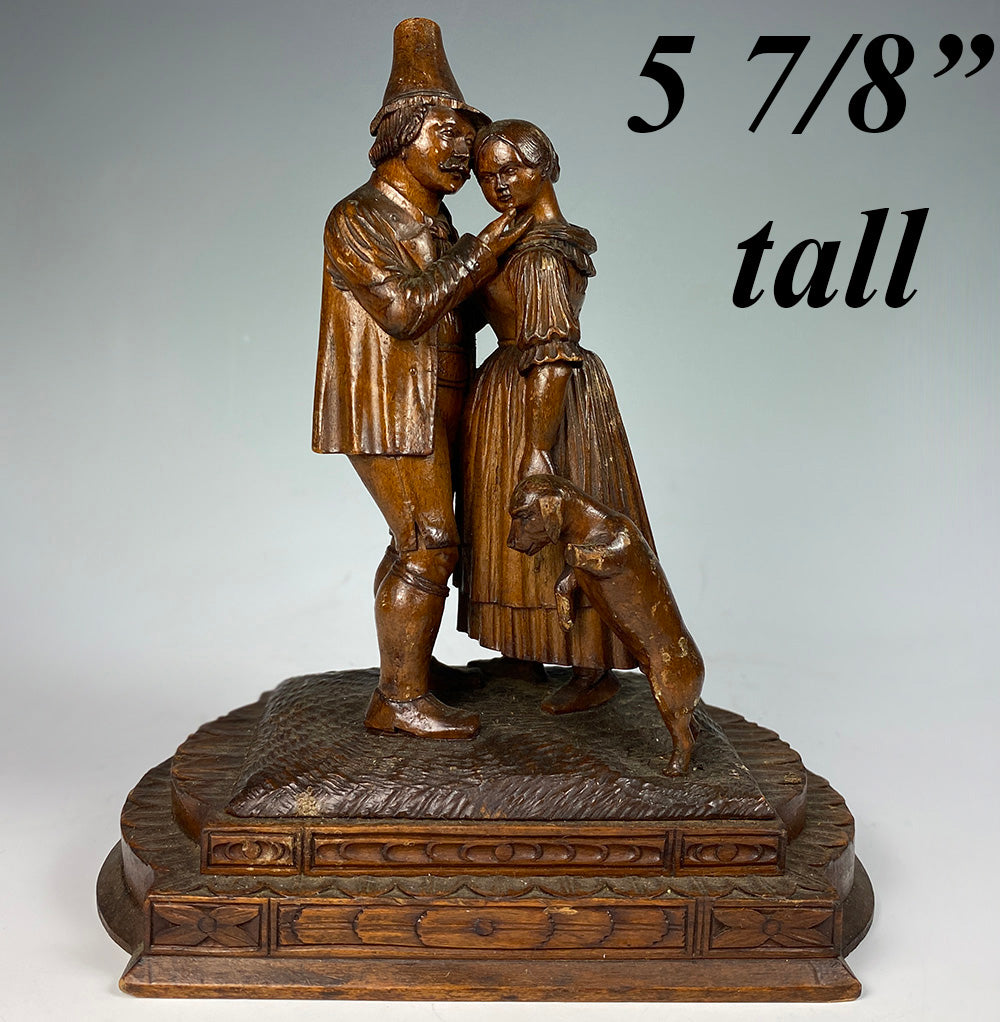 Rare Antique c.1850s HC Swiss Black Forest Carving, Courting Couple with Dog, Hound