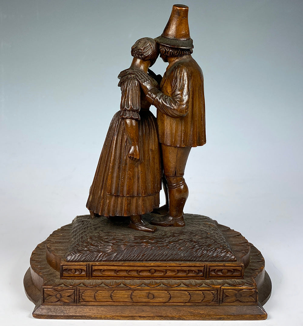 Rare Antique c.1850s HC Swiss Black Forest Carving, Courting Couple with Dog, Hound