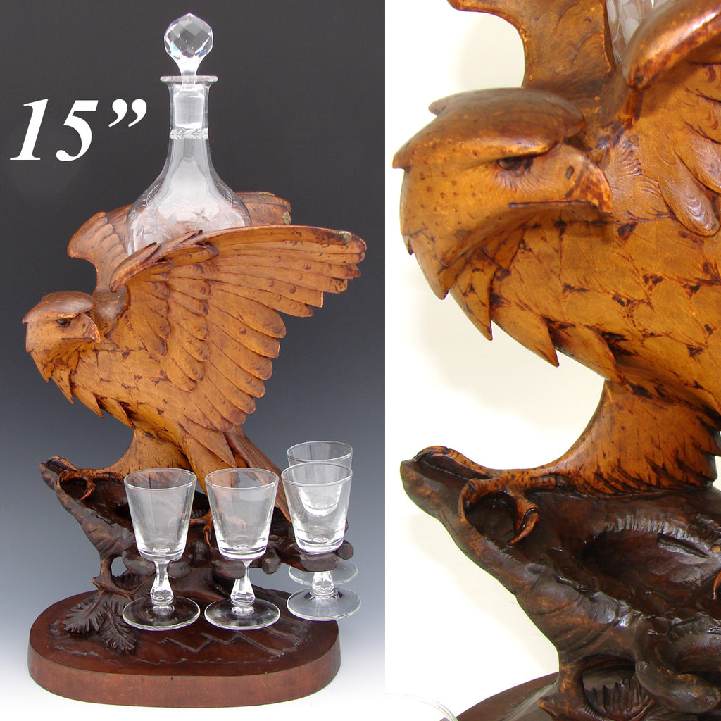 Rare Antique Black Forest Carved Eagle, Hawk, a Liqueur Stand or Tantalus with Decanter & Cordials