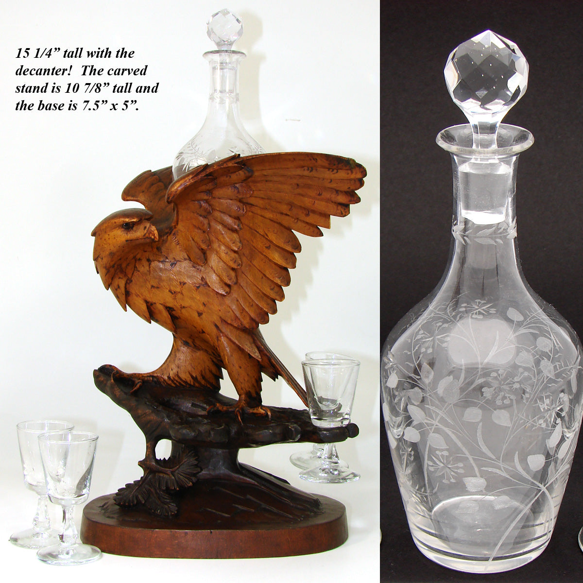 Rare Antique Black Forest Carved Eagle, Hawk, a Liqueur Stand or Tantalus with Decanter & Cordials