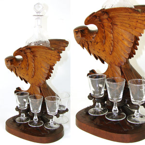 Rare Antique Black Forest Carved Eagle, Hawk, a Liqueur Stand or Tantalus with Decanter & Cordials