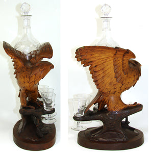 Rare Antique Black Forest Carved Eagle, Hawk, a Liqueur Stand or Tantalus with Decanter & Cordials