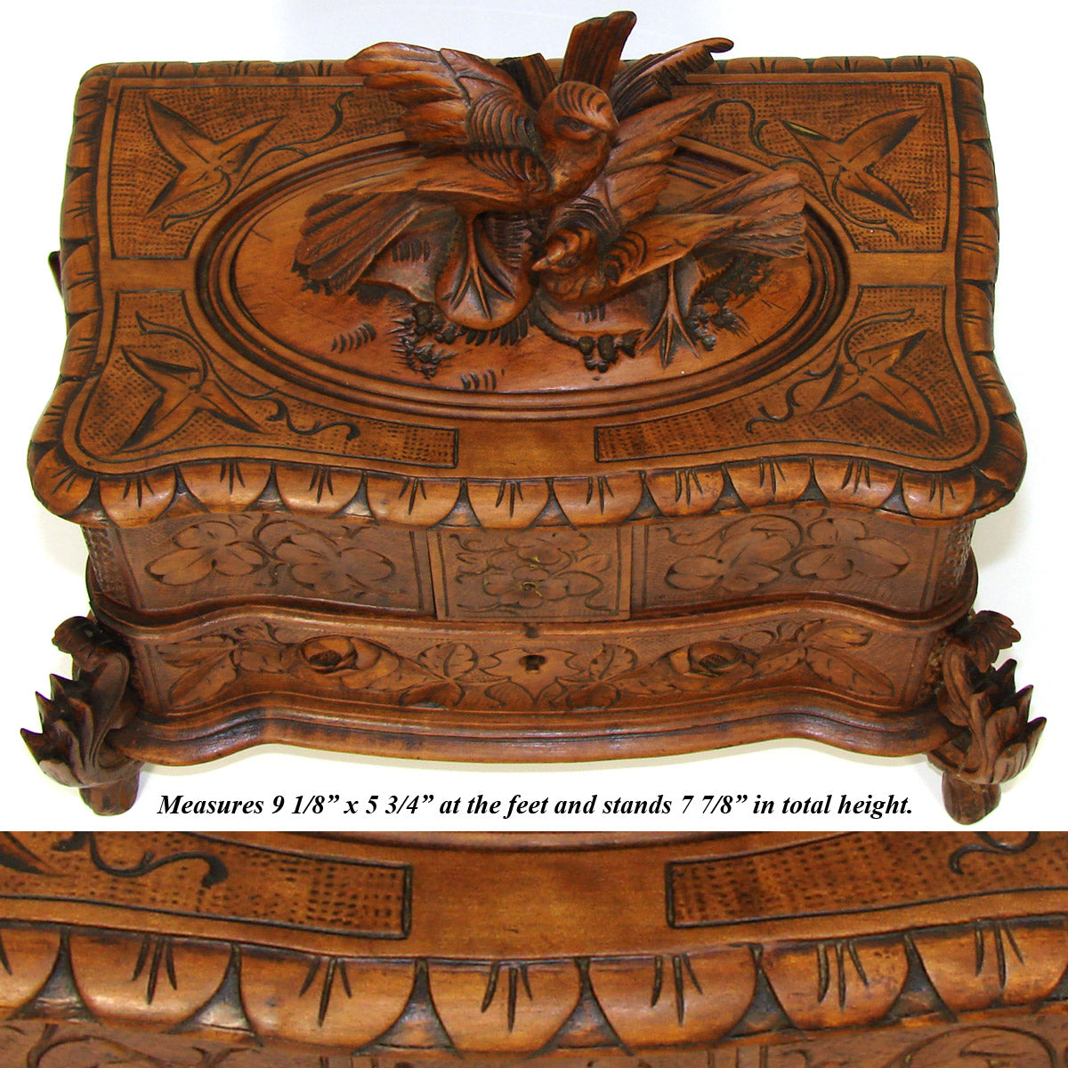 Antique Victorian Era Black Forest Carved 9" 2-Tier Jewelry Box, Casket, Birds