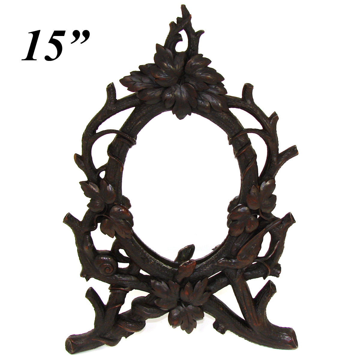 Antique Black Forest Carved 15" Vanity or Boudoir Mirror, Rare Snake, Snail & Bird Figures