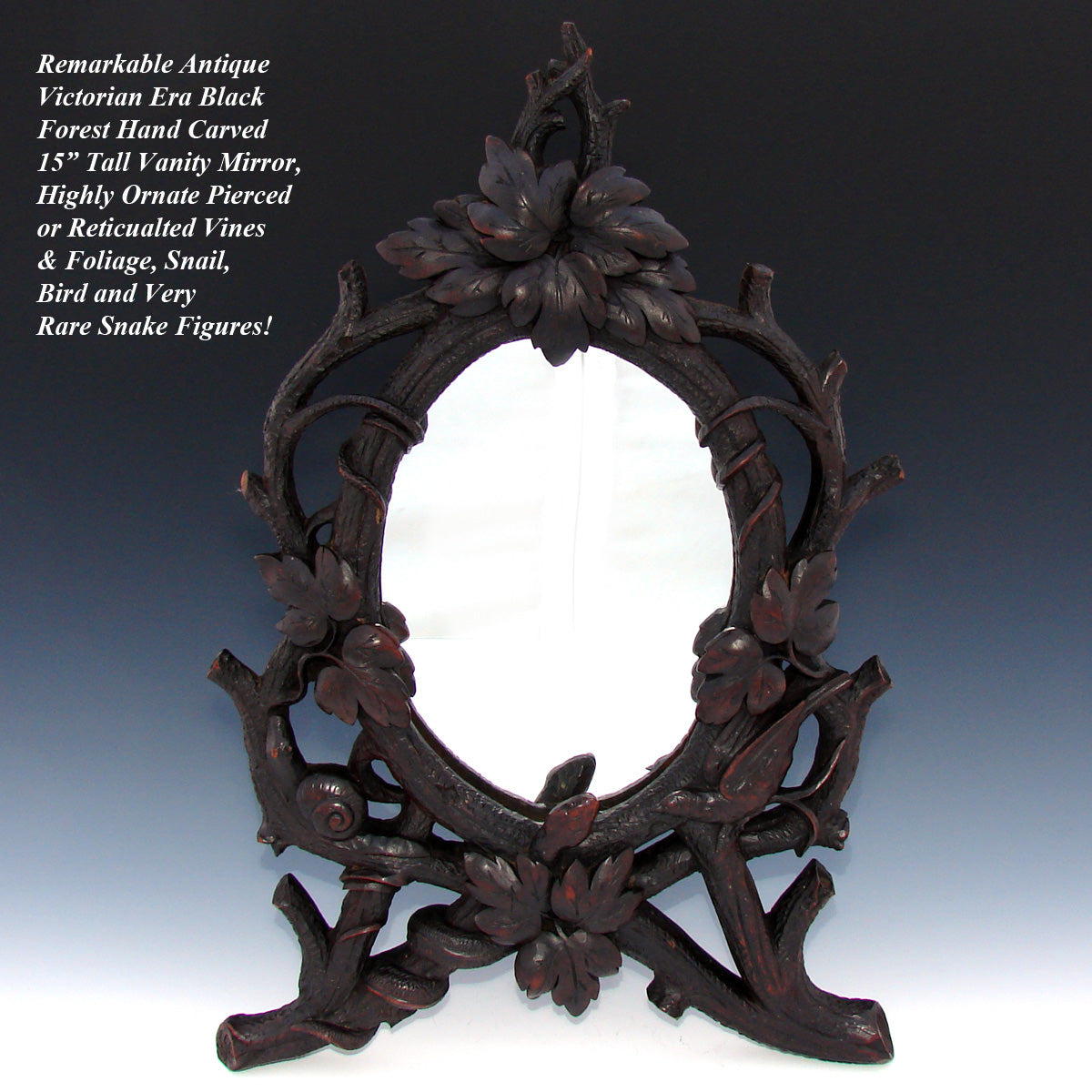 Antique Black Forest Carved 15" Vanity or Boudoir Mirror, Rare Snake, Snail & Bird Figures