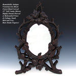 Antique Black Forest Carved 15" Vanity or Boudoir Mirror, Rare Snake, Snail & Bird Figures