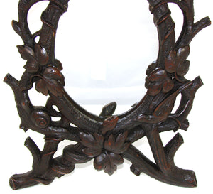 Antique Black Forest Carved 15" Vanity or Boudoir Mirror, Rare Snake, Snail & Bird Figures