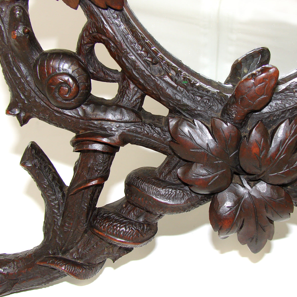 Antique Black Forest Carved 15" Vanity or Boudoir Mirror, Rare Snake, Snail & Bird Figures