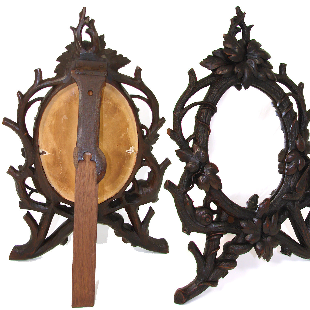 Antique Black Forest Carved 15" Vanity or Boudoir Mirror, Rare Snake, Snail & Bird Figures