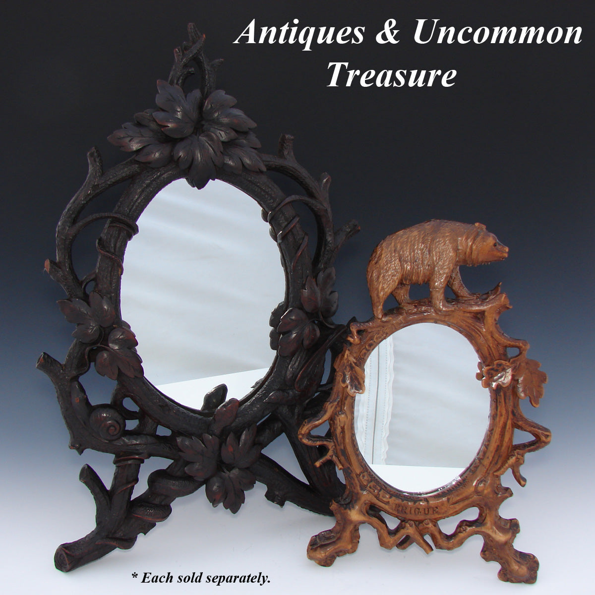 Antique Black Forest Carved 15" Vanity or Boudoir Mirror, Rare Snake, Snail & Bird Figures