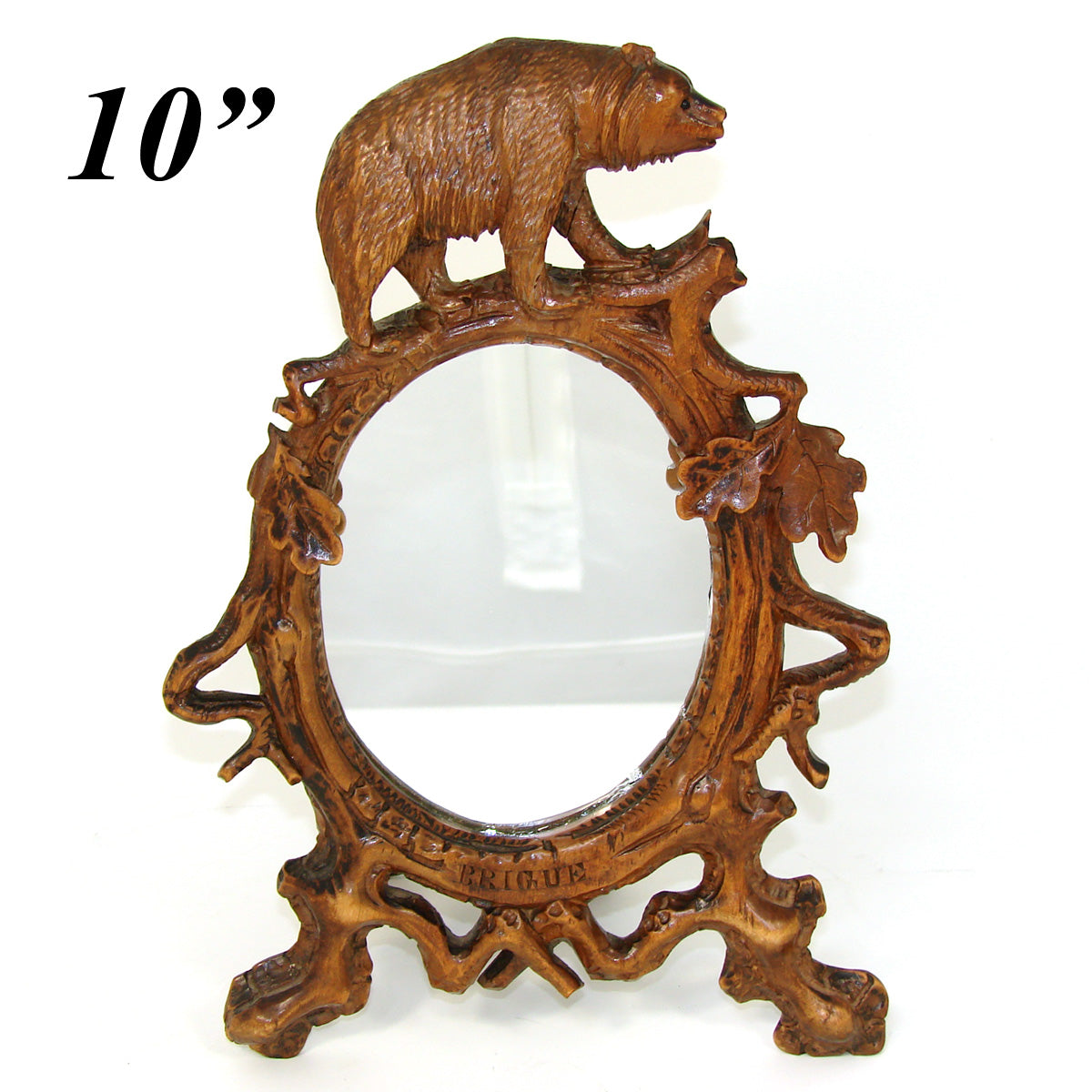 Lovely Antique Black Forest Carved 10" Vanity or Boudoir Mirror, Brienz Bear Figure, Brigue France Souvenir