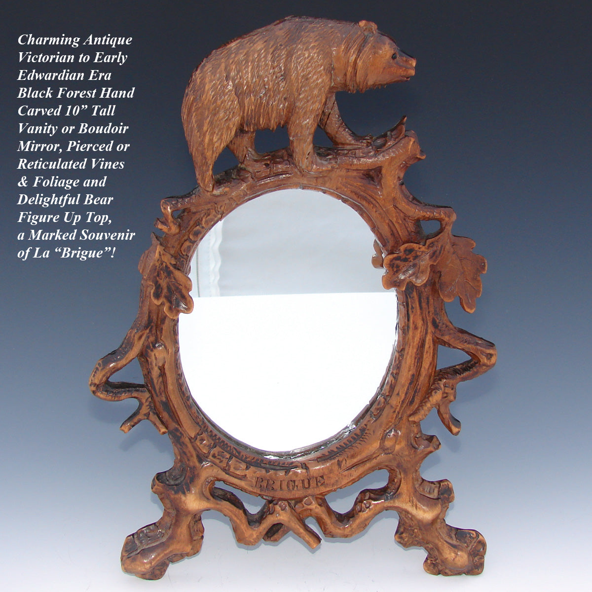 Lovely Antique Black Forest Carved 10" Vanity or Boudoir Mirror, Brienz Bear Figure, Brigue France Souvenir