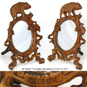 Lovely Antique Black Forest Carved 10" Vanity or Boudoir Mirror, Brienz Bear Figure, Brigue France Souvenir