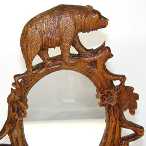 Lovely Antique Black Forest Carved 10" Vanity or Boudoir Mirror, Brienz Bear Figure, Brigue France Souvenir