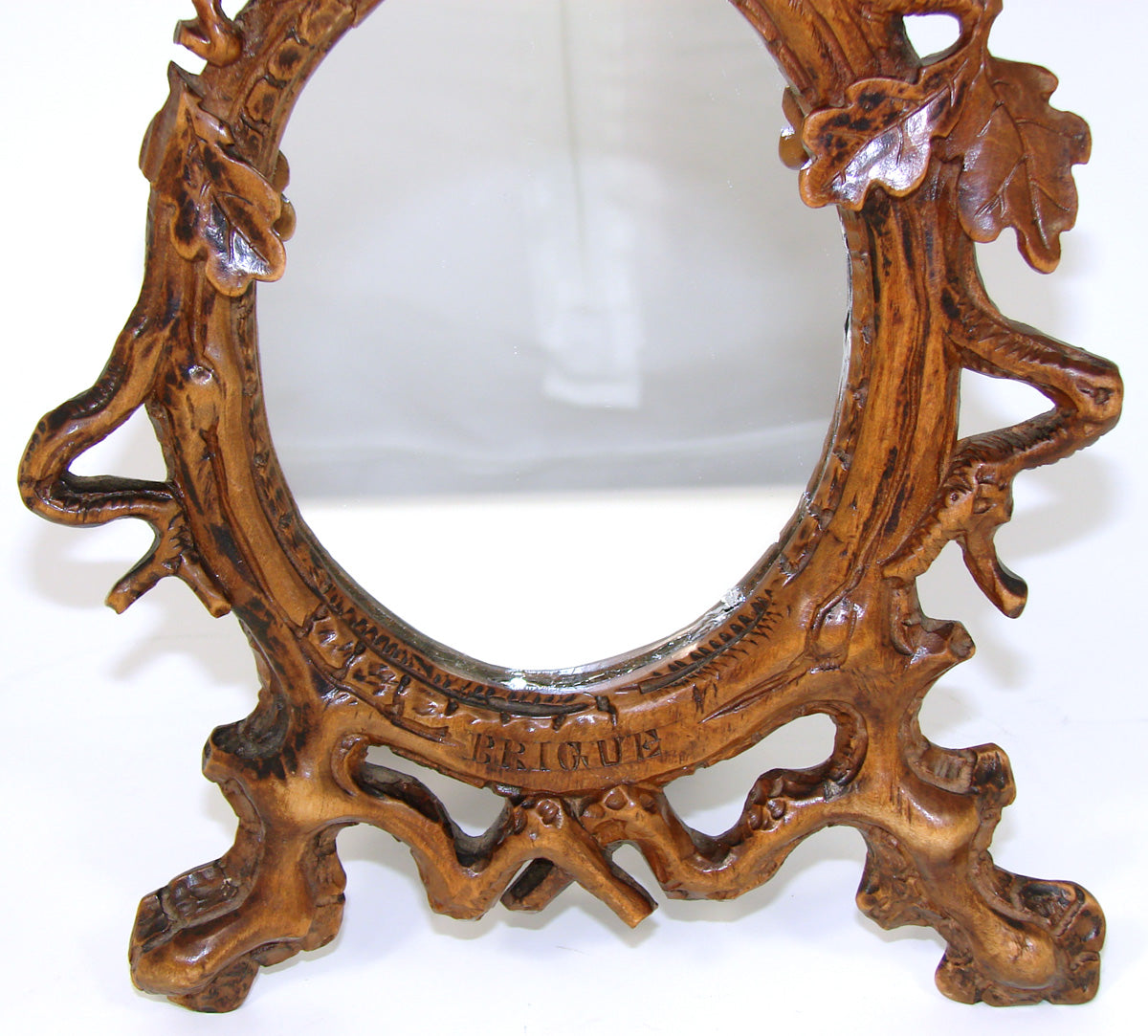 Lovely Antique Black Forest Carved 10" Vanity or Boudoir Mirror, Brienz Bear Figure, Brigue France Souvenir