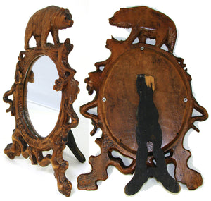 Lovely Antique Black Forest Carved 10" Vanity or Boudoir Mirror, Brienz Bear Figure, Brigue France Souvenir