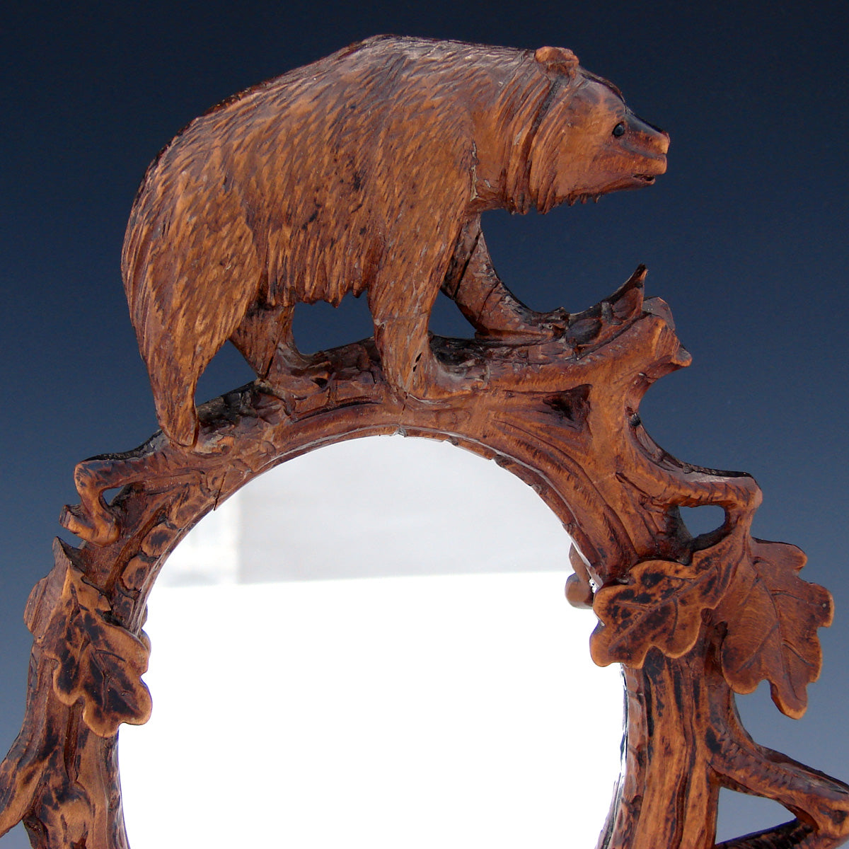 Lovely Antique Black Forest Carved 10" Vanity or Boudoir Mirror, Brienz Bear Figure, Brigue France Souvenir