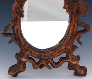 Lovely Antique Black Forest Carved 10" Vanity or Boudoir Mirror, Brienz Bear Figure, Brigue France Souvenir