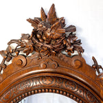 LG Antique French Black Forest Style Carved Walnut 28.75" Wall Mirror, Frame, Bird w/ Nest & Eggs