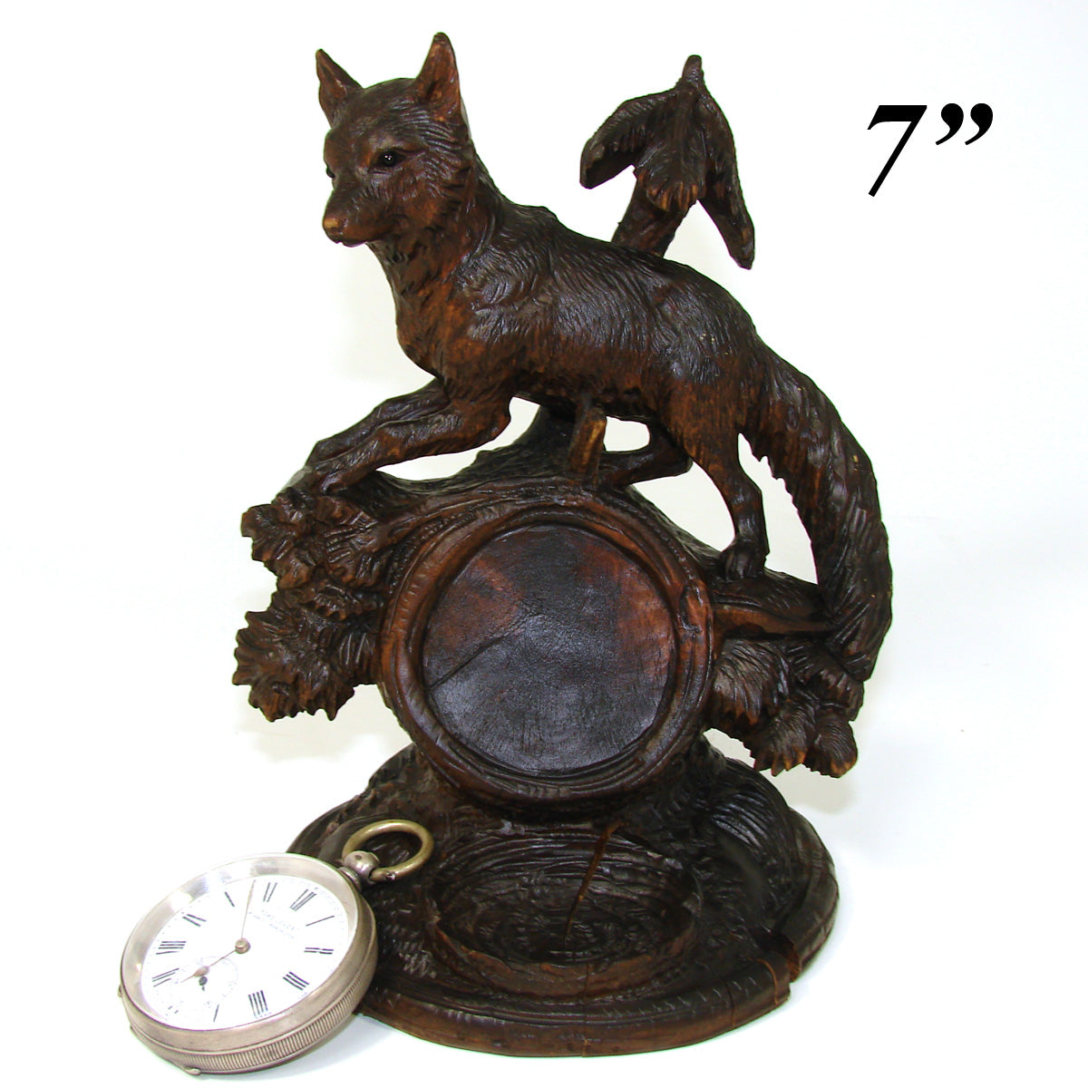 Antique Victorian Era Black Forest Carved 7" Pocket Watch Display, Holder: Rare Fox Figure