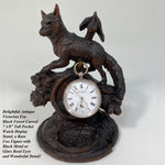 Antique Victorian Era Black Forest Carved 7" Pocket Watch Display, Holder: Rare Fox Figure