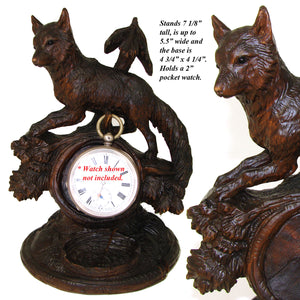 Antique Victorian Era Black Forest Carved 7" Pocket Watch Display, Holder: Rare Fox Figure