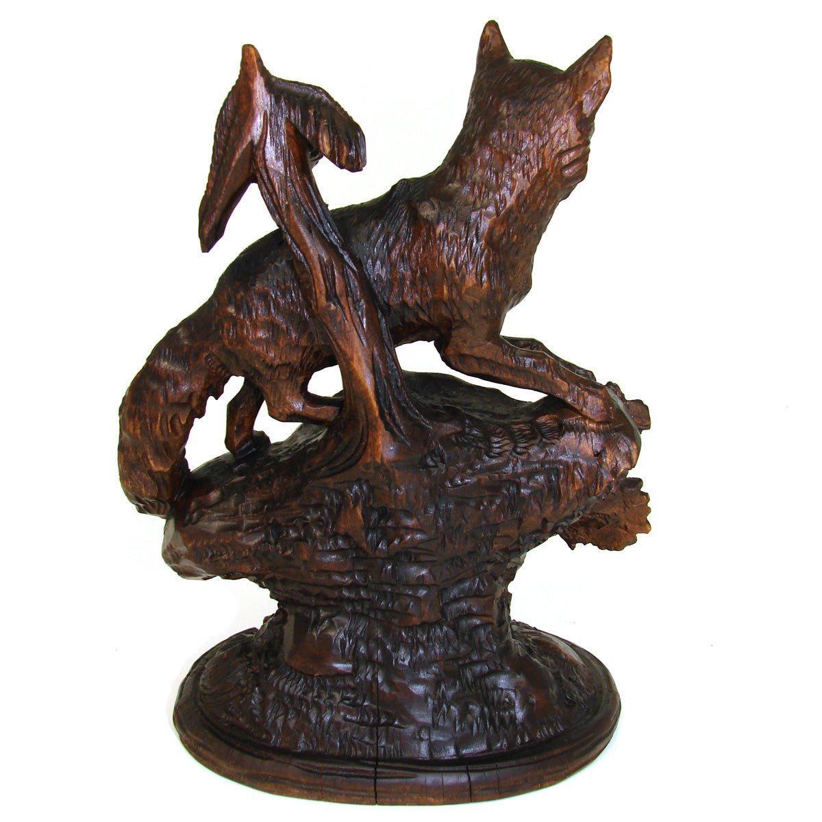 Antique Victorian Era Black Forest Carved 7" Pocket Watch Display, Holder: Rare Fox Figure