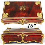 Rare LG Antique French 16" Boulle Style Box or Chest, Gilt Ormolu Accents, Maker Marked