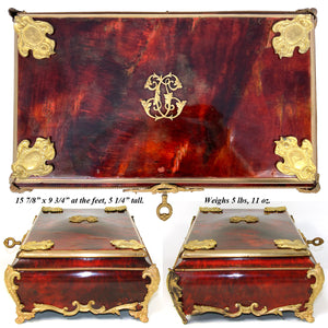 Rare LG Antique French 16" Boulle Style Box or Chest, Gilt Ormolu Accents, Maker Marked