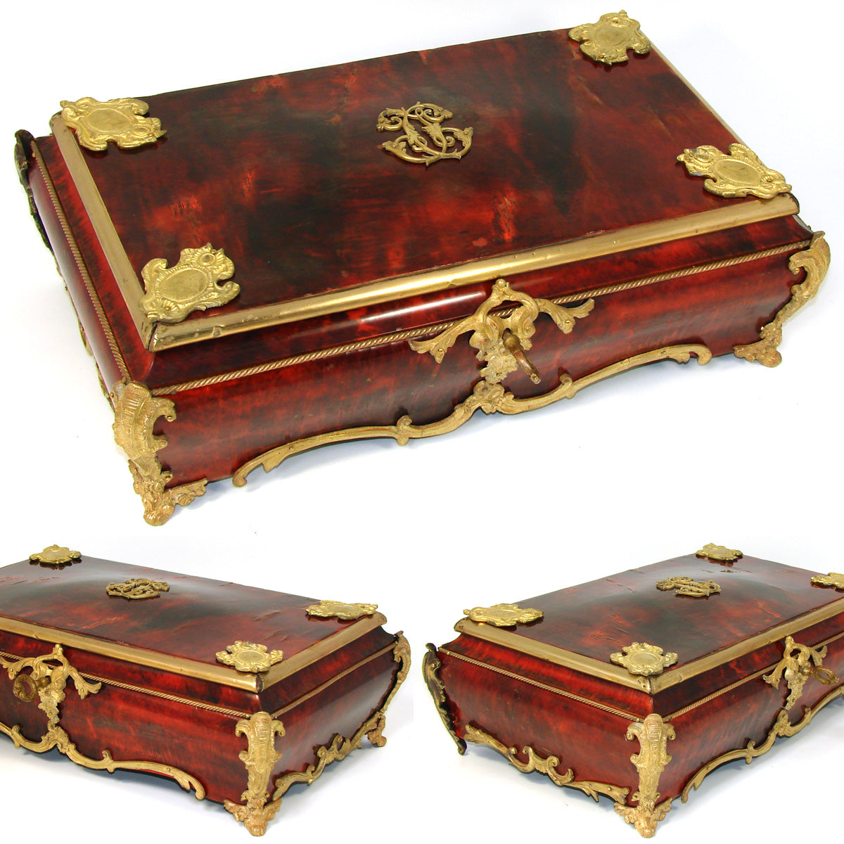 Rare LG Antique French 16" Boulle Style Box or Chest, Gilt Ormolu Accents, Maker Marked