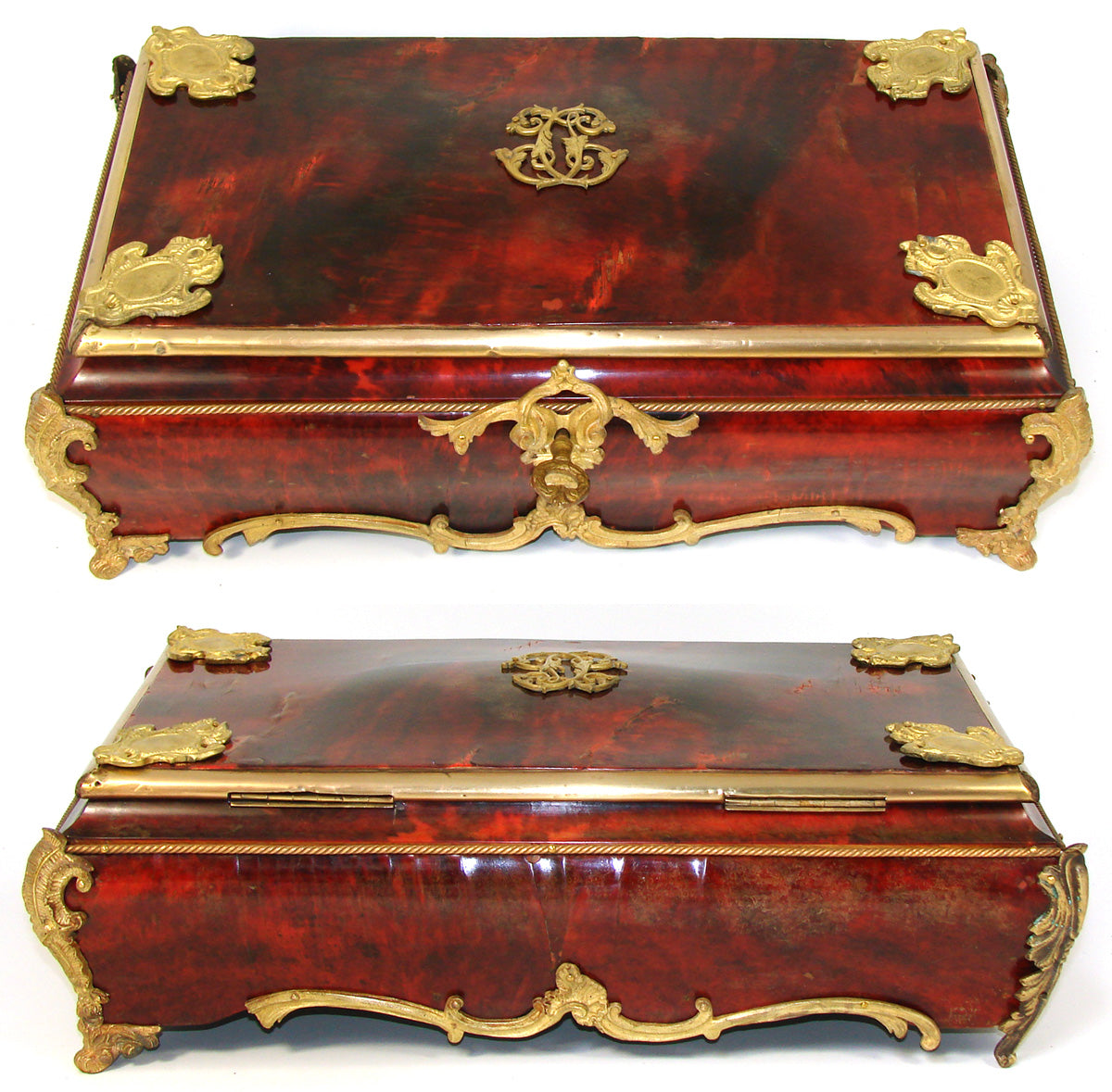 Rare LG Antique French 16" Boulle Style Box or Chest, Gilt Ormolu Accents, Maker Marked