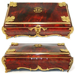 Rare LG Antique French 16" Boulle Style Box or Chest, Gilt Ormolu Accents, Maker Marked