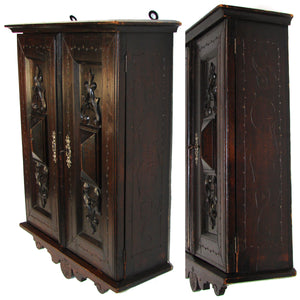 Lg Antique Victorian Era Carved Walnut 23" Wall Cabinet, Specimen or Medicine Chest