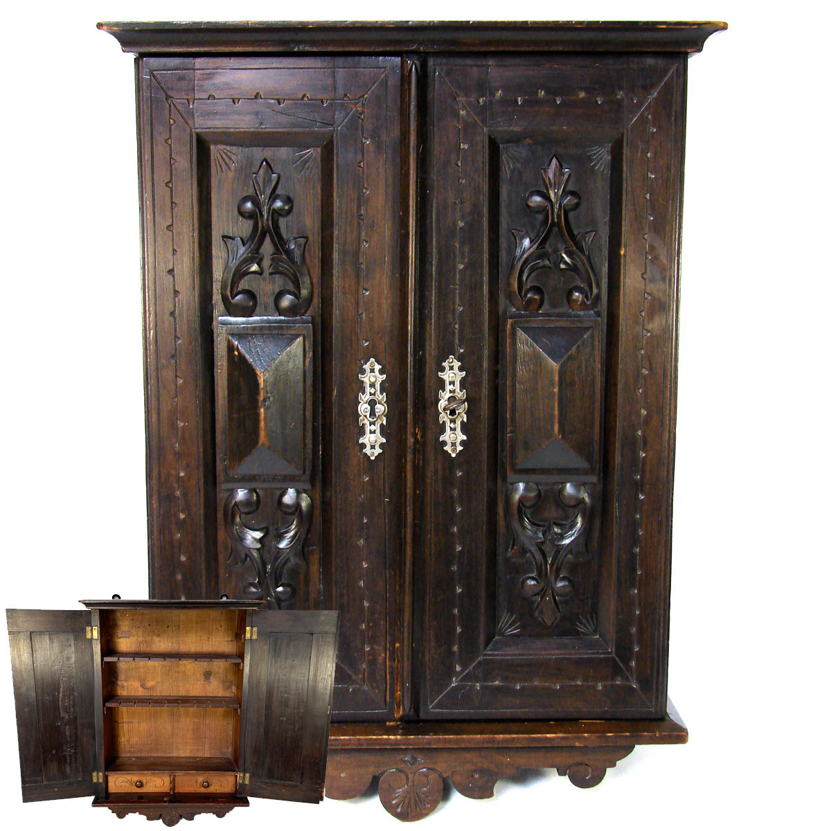 Lg Antique Victorian Era Carved Walnut 23" Wall Cabinet, Specimen or Medicine Chest