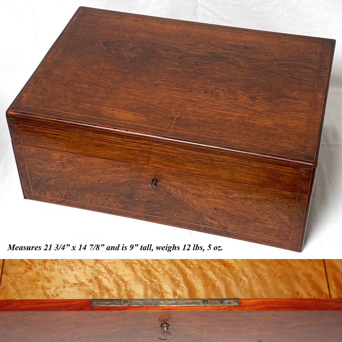 Large Antique French Napoleon III Era 22" Cashmere Chest, Box, Rosewood with Burled Interior