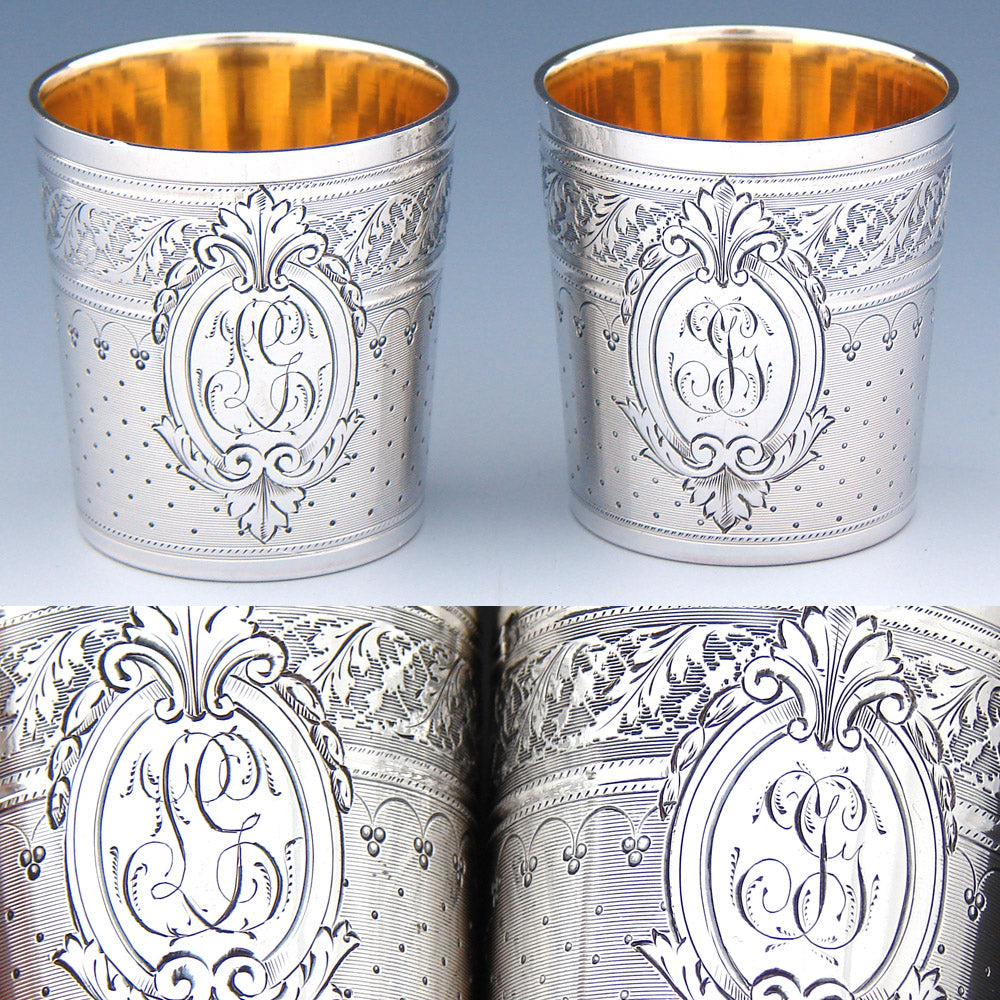 Gorgeous PAIR Antique French Sterling Silver Liqueur or Aperitif Cups, Ornate