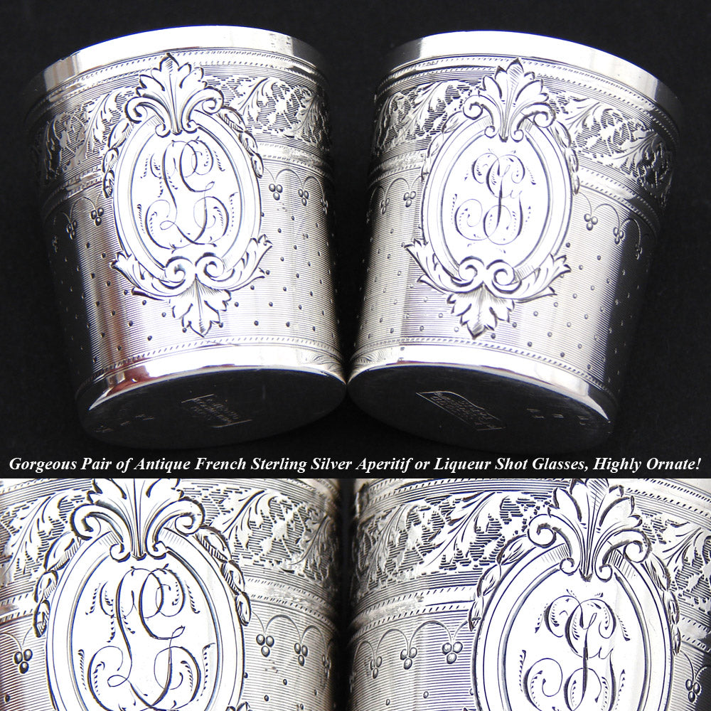 Gorgeous PAIR Antique French Sterling Silver Liqueur or Aperitif Cups, Ornate