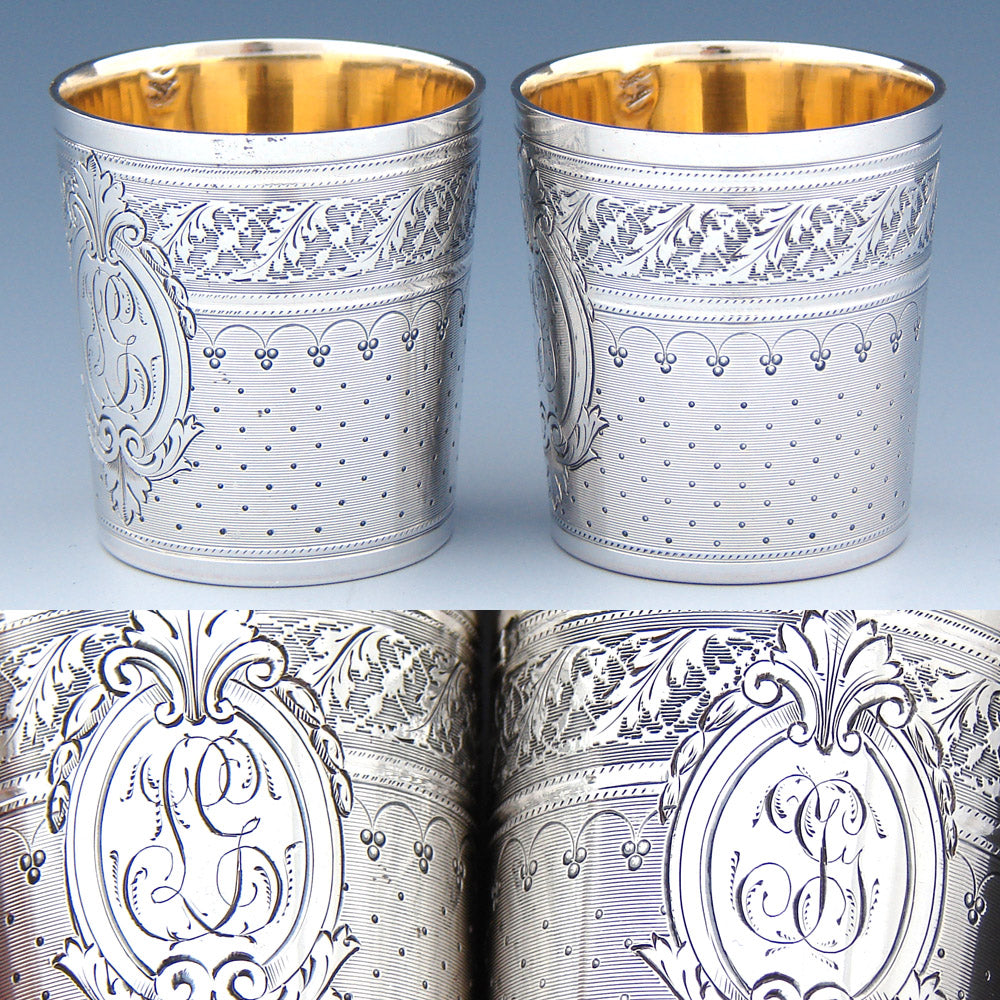 Gorgeous PAIR Antique French Sterling Silver Liqueur or Aperitif Cups, Ornate