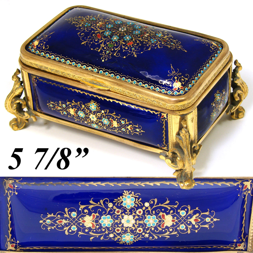Antique Napoleon III French Kiln-fired Cobalt Enamel Jewelry Box, Grand Tour Souvenir, "Jeweled"