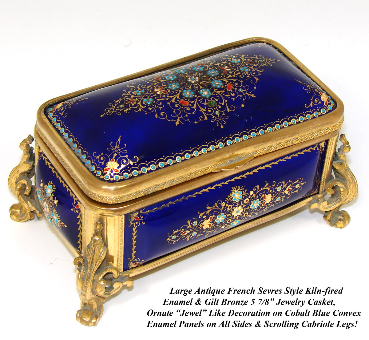 Antique Napoleon III French Kiln-fired Cobalt Enamel Jewelry Box, Grand Tour Souvenir, "Jeweled"