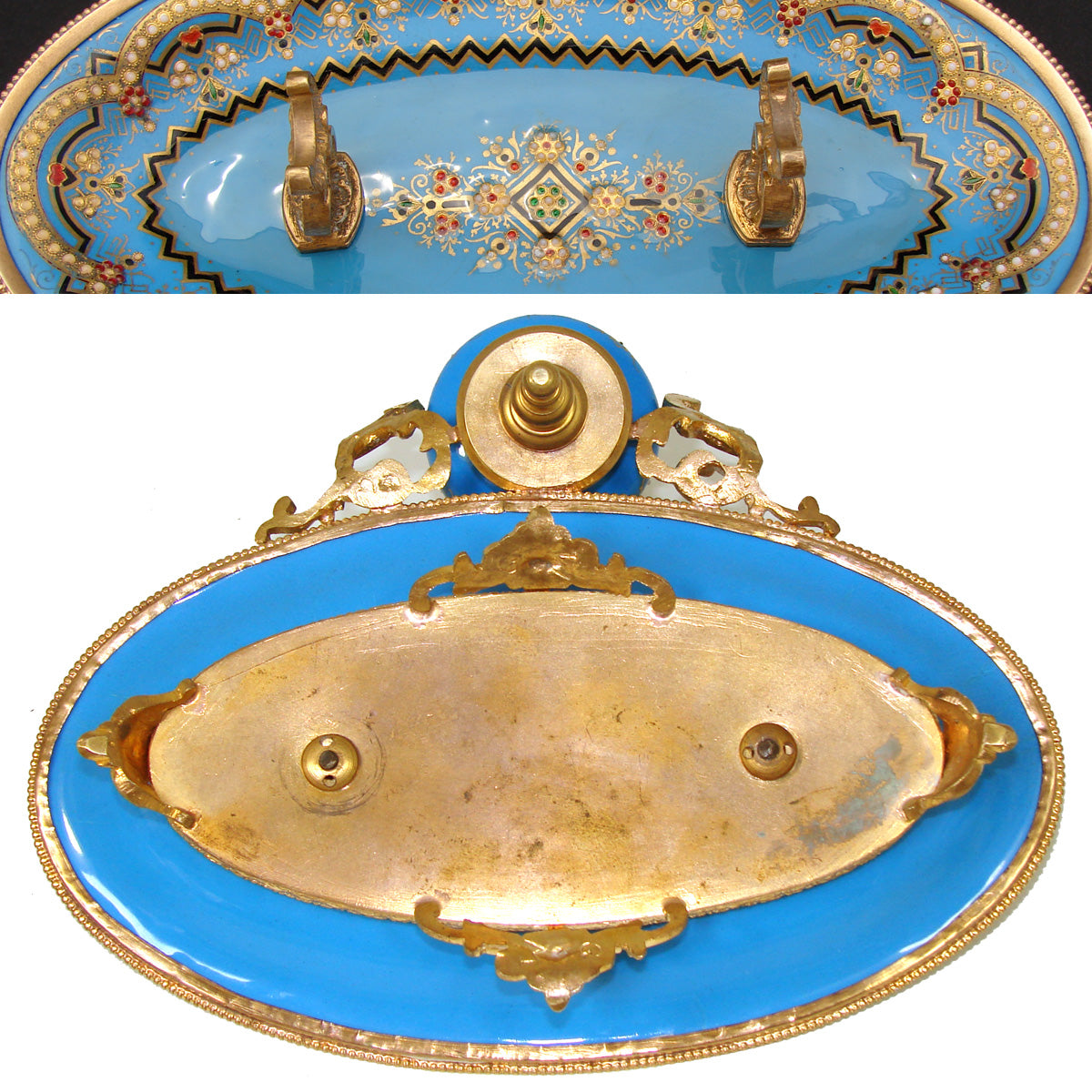Antique French Napoleon III Sevres Style Inkwell, Kiln-Fired Enamel & Gilt Bronze